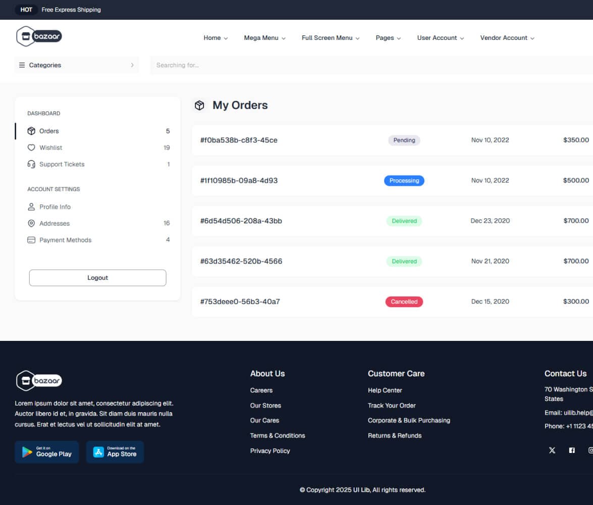My Orders demo preview screenshot