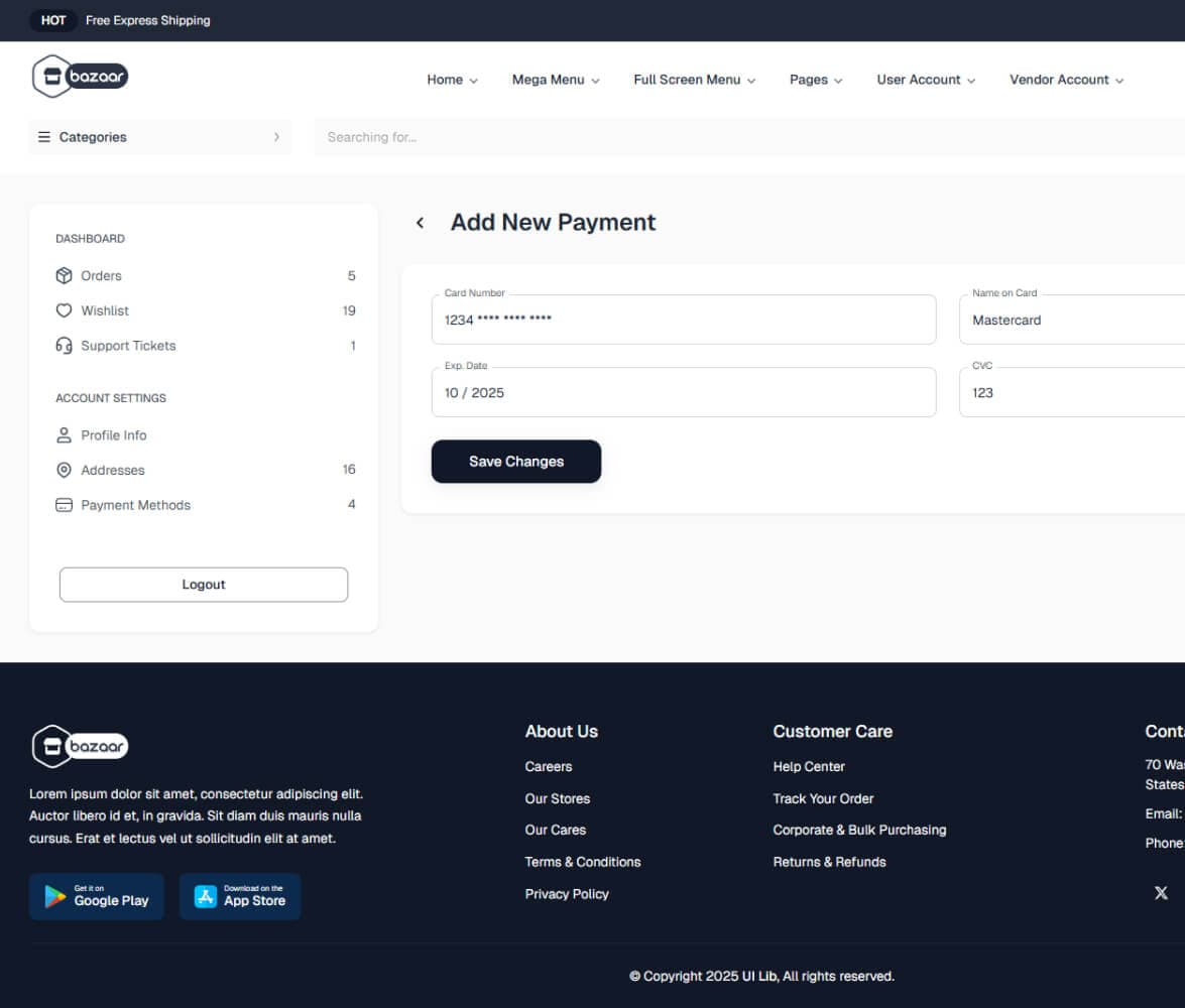 Edit Payment Methods demo preview screenshot
