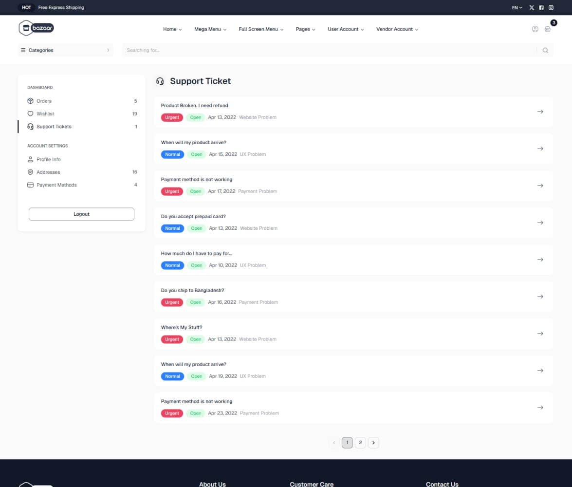 Support Tickets demo preview screenshot