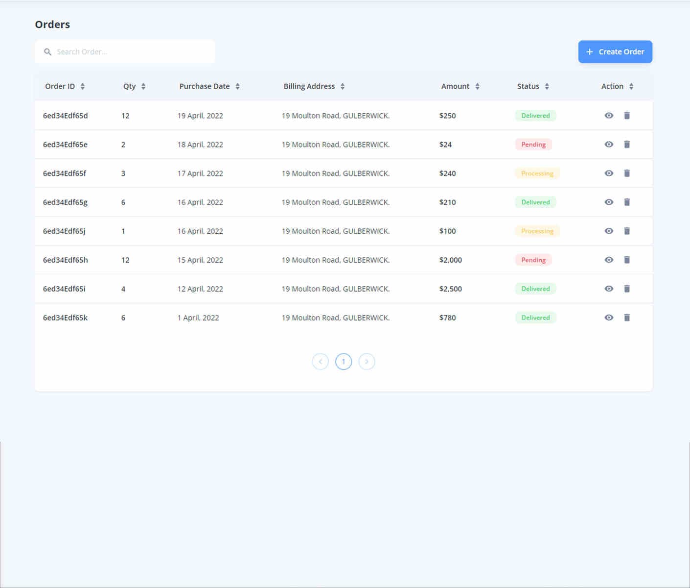 Order List demo preview screenshot