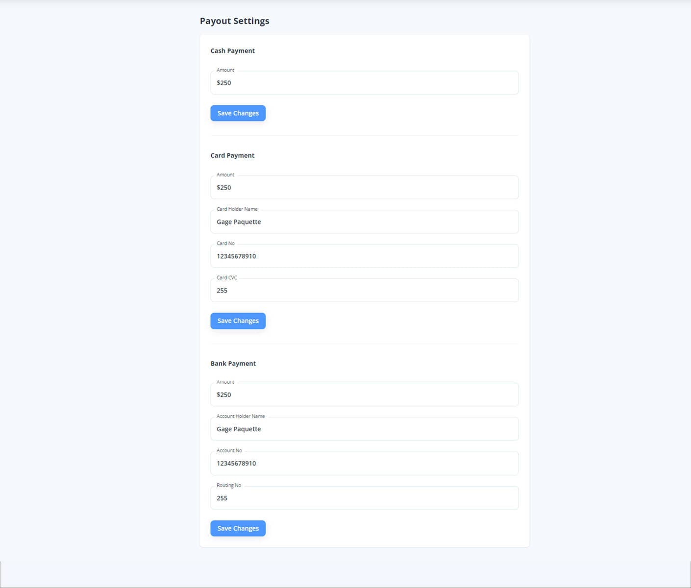 Payout Settings demo preview screenshot