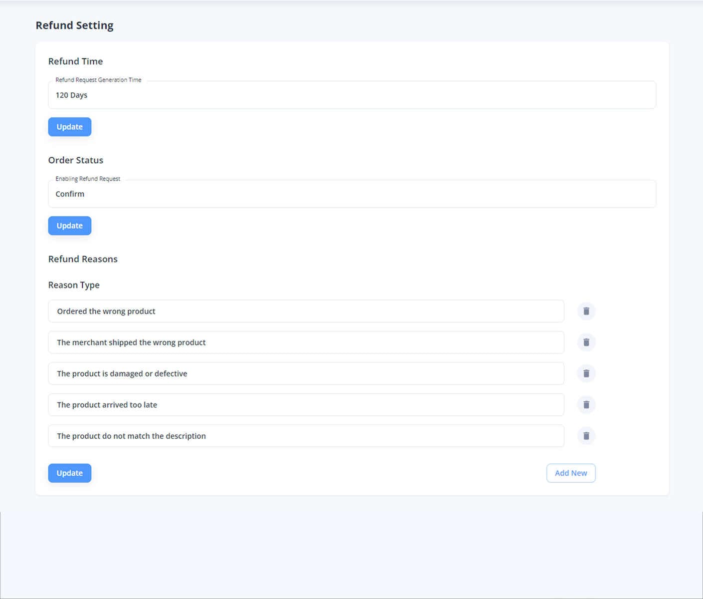 Refund Setting demo preview screenshot