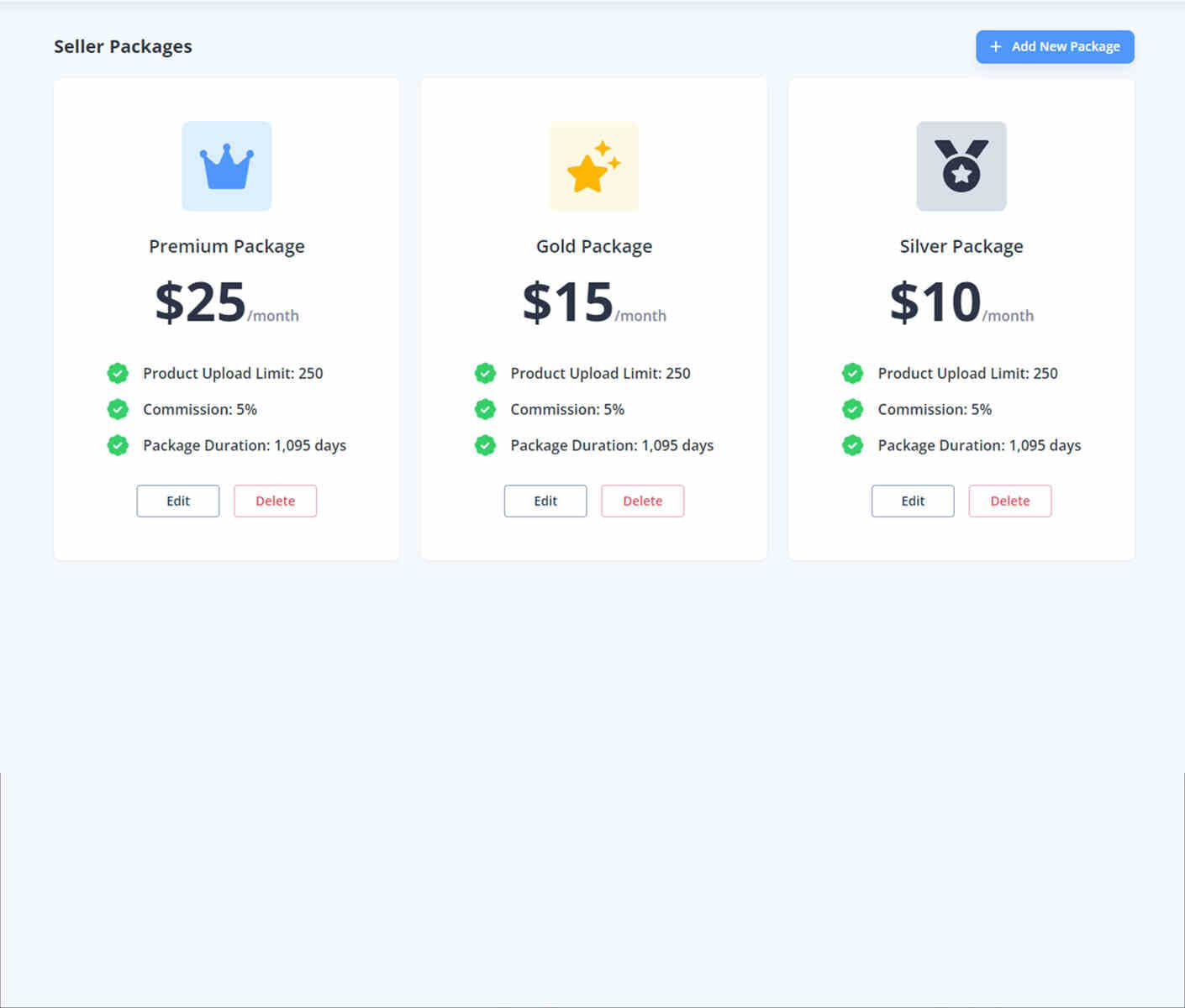 Seller Packages demo preview screenshot