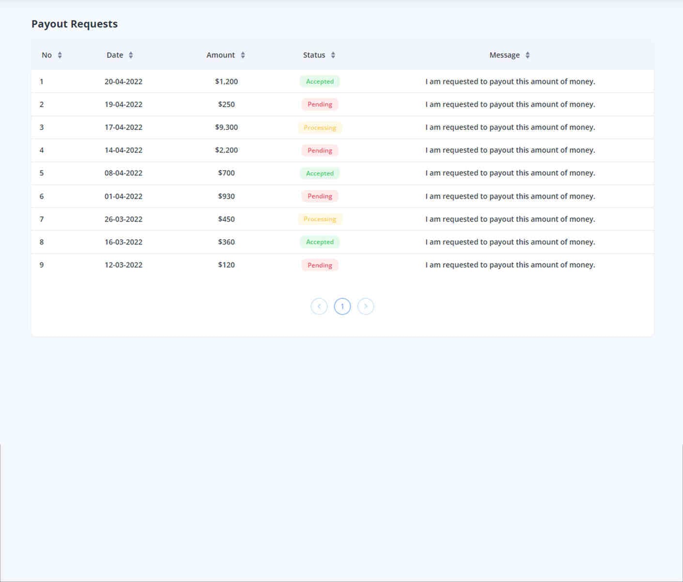Vendor Payout Request demo preview screenshot